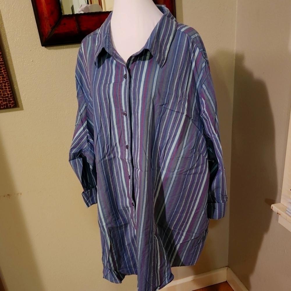 Chelsea Studio blue and purple striped stretch cotton 3X button up blouse